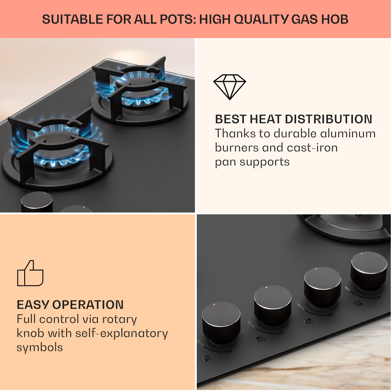 Klarstein Firetale, plynová varná doska, 4 hliníkové horáky, vrátane hadice a redukčného ventilu – Obrázok 3