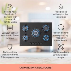 Klarstein Firetale, plynová varná doska, 5 hliníkových horákov, 70 cm, vrátane hadice a redukčného ventilu