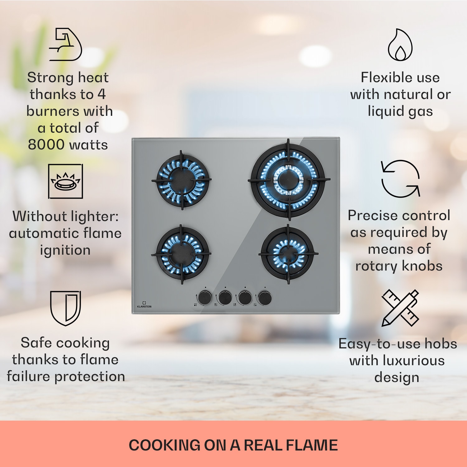 Klarstein Firetale, plynová varná doska, 4 hliníkové horáky, vrátane hadice a redukčného ventilu