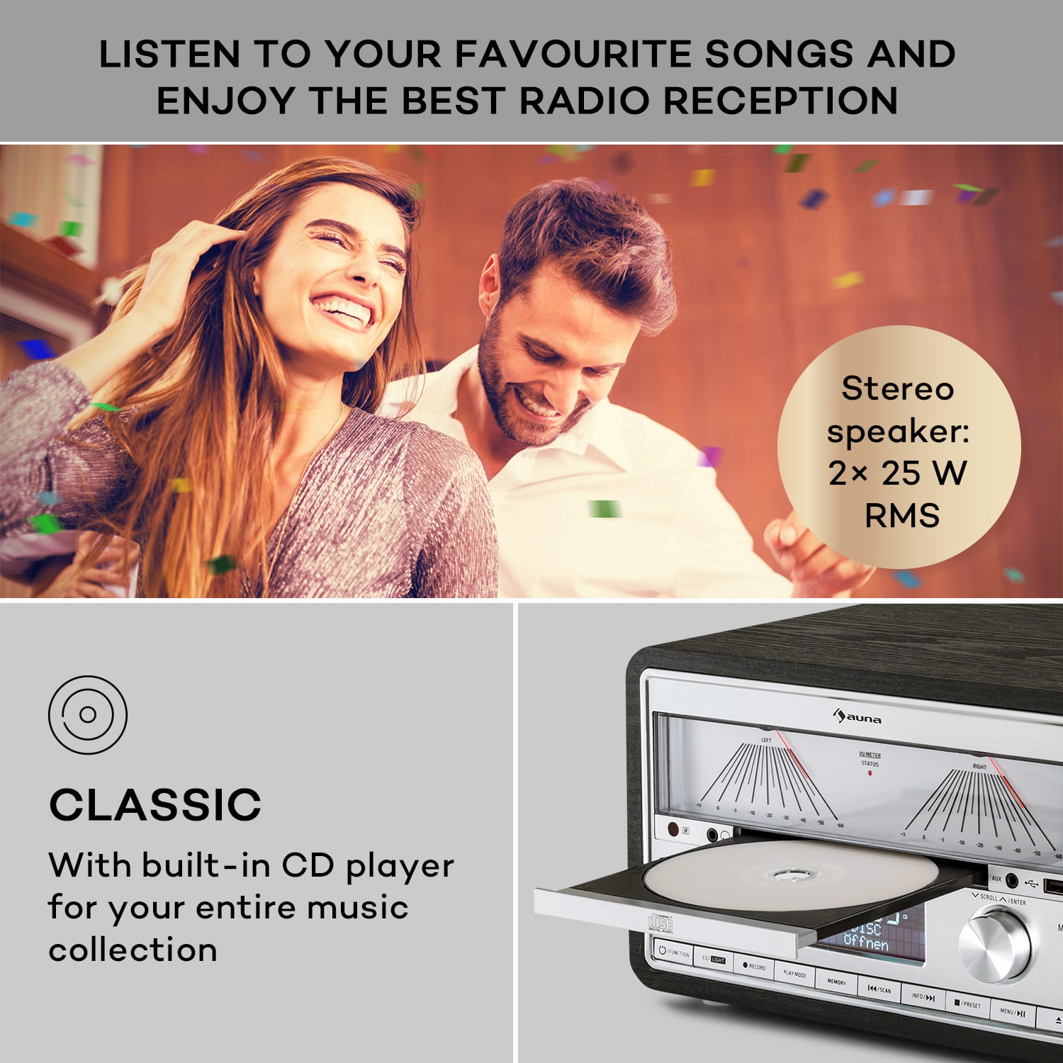 Auna Elton, stereo systém, CD, BT, MP3, DAB+, FM rádio, VU merač, podsvietenie – Obrázok 2