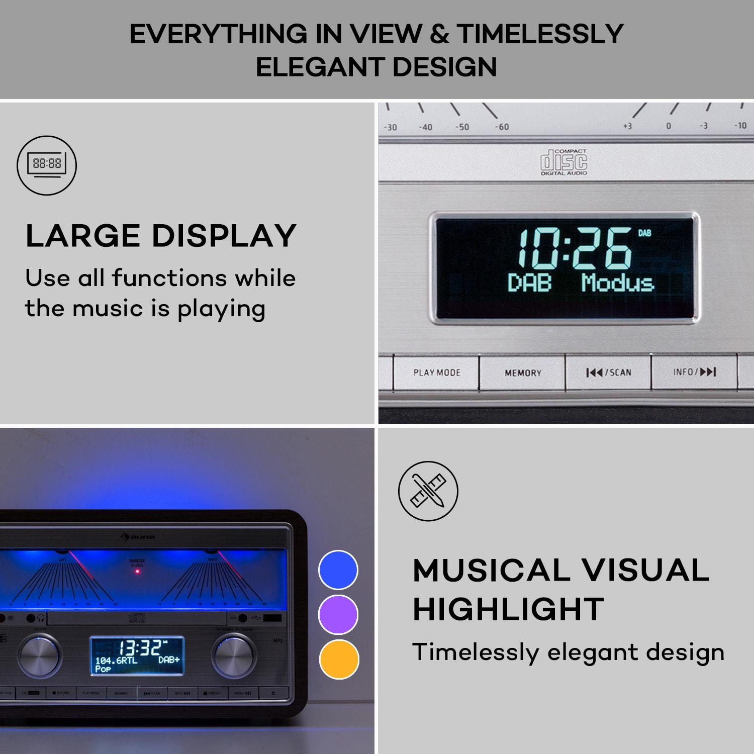 Auna Elton, stereo systém, CD, BT, MP3, DAB+, FM rádio, VU merač, podsvietenie – Obrázok 4