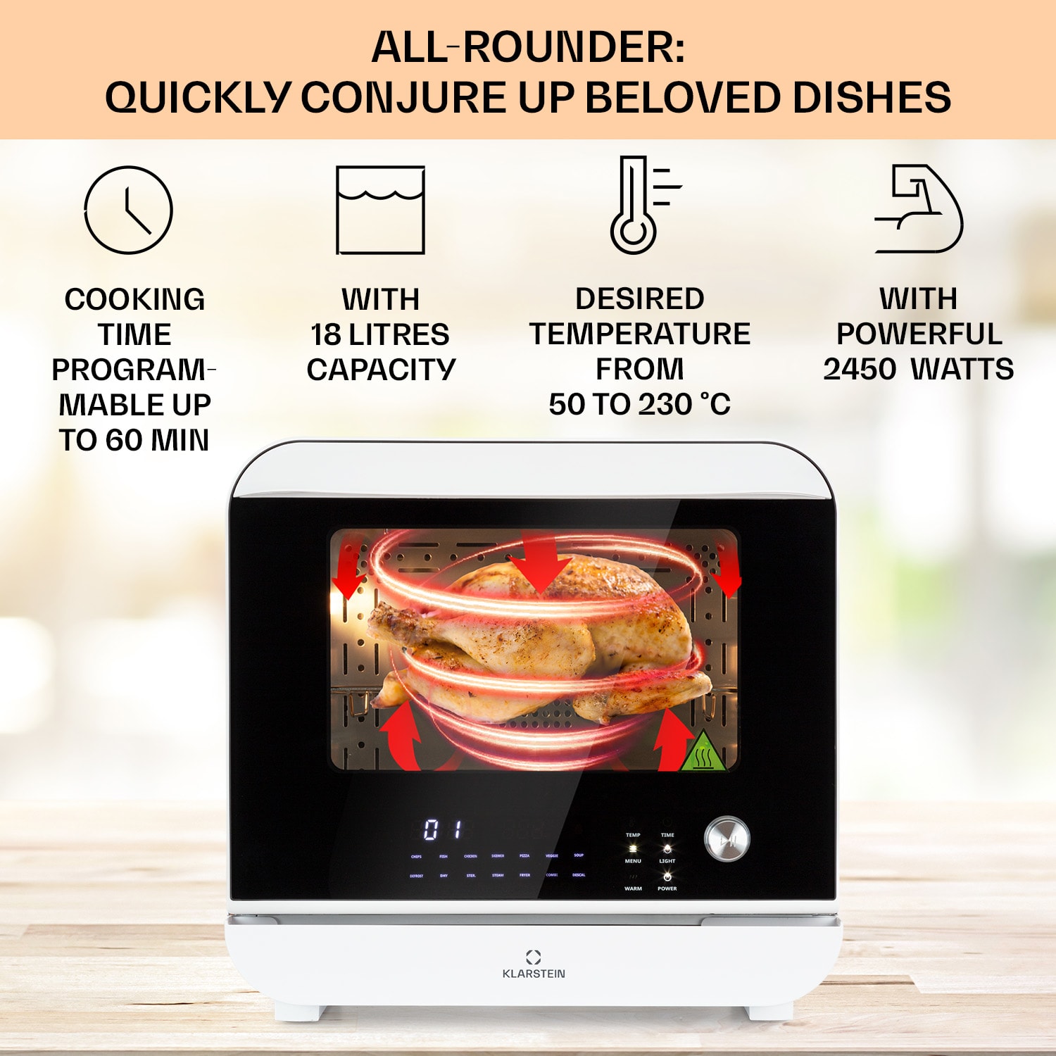 Klarstein Vita Pro, teplovzdušná fritéza s varením v pare, 2450 W, 18 l, 14 programov, 800 ml nádrž na vodu – Obrázok 2