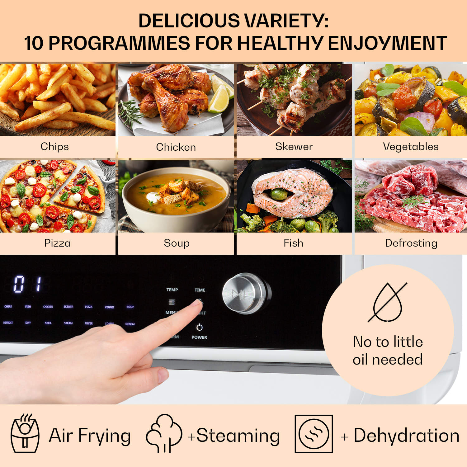 Klarstein Vita Pro, teplovzdušná fritéza s varením v pare, 2450 W, 18 l, 14 programov, 800 ml nádrž na vodu – Obrázok 3