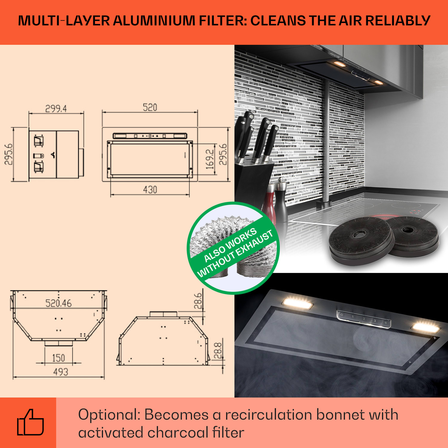 Klarstein Camila, vstavaný digestor, 52 cm, 397 m³/h, LED, dotyková plocha, nehrdzavejúca oceľ – Obrázok 4