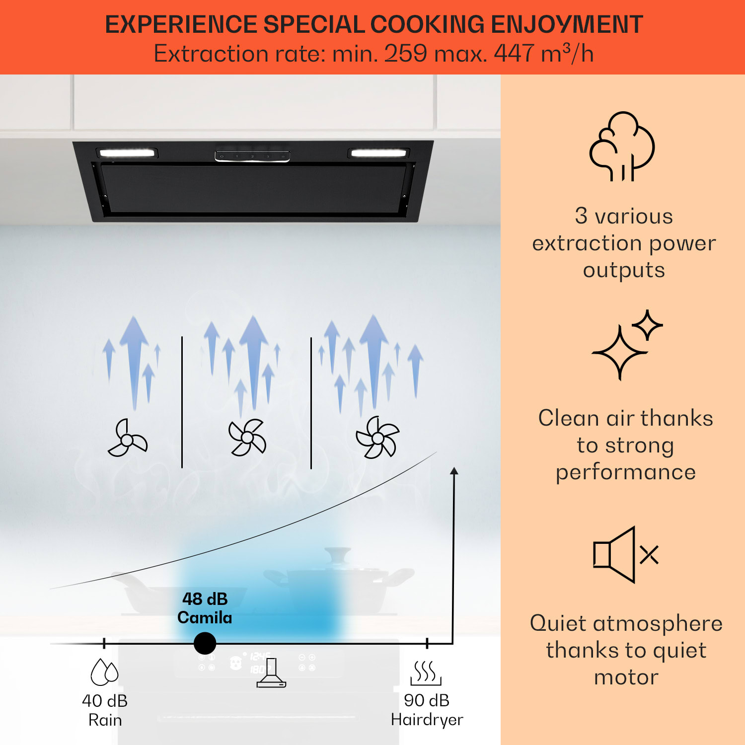 Klarstein Camila, vstavaný digestor, 70 cm, 397 m³/h, LED, dotyková plocha, nehrdzavejúca oceľ – Obrázok 2