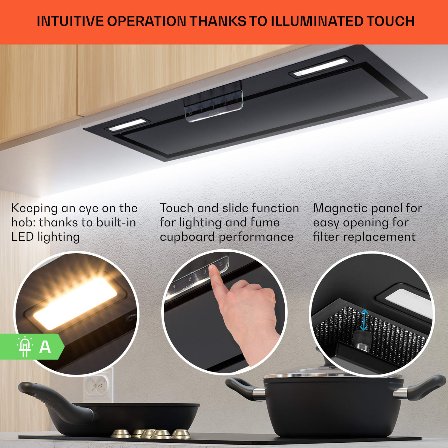 Klarstein Camila, vstavaný digestor, 70 cm, 397 m³/h, LED, dotyková plocha, nehrdzavejúca oceľ – Obrázok 3