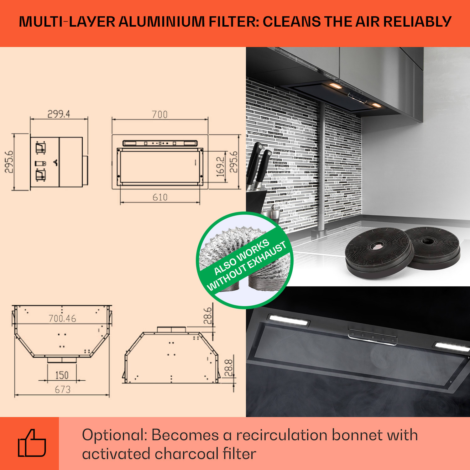 Klarstein Camila, vstavaný digestor, 70 cm, 397 m³/h, LED, dotyková plocha, nehrdzavejúca oceľ – Obrázok 4