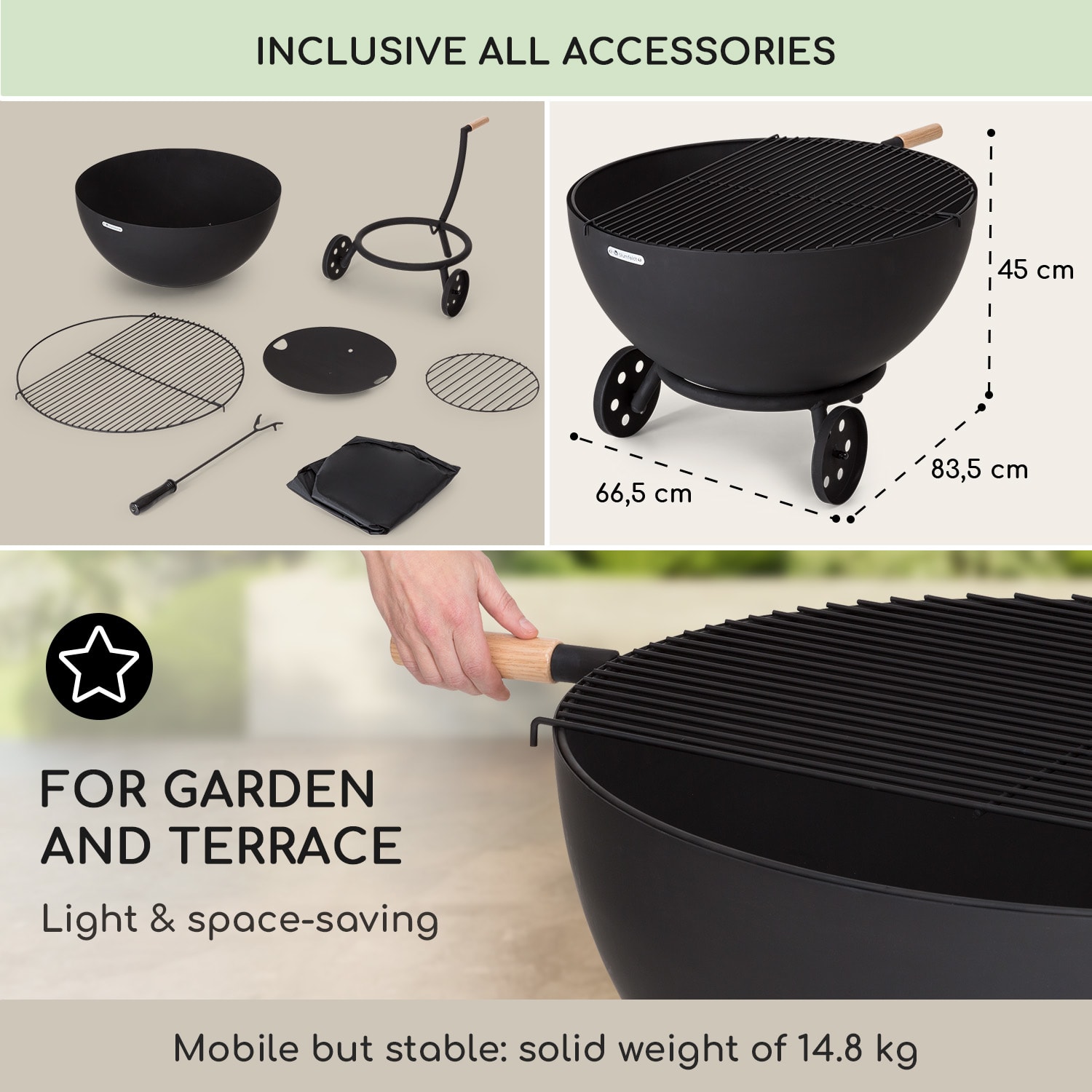 Blumfeldt Fireball Egon, ohnisko, oceľ, do záhrady alebo na terasu, Ø 66 cm, kryt na gril – Obrázok 4