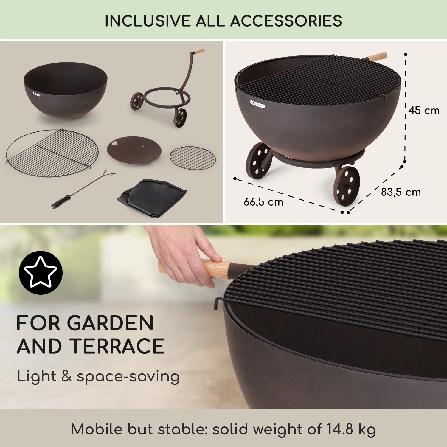 Blumfeldt Fireball Egon, ohnisko, oceľ, do záhrady alebo na terasu, Ø 66 cm, kryt na gril – Obrázok 4