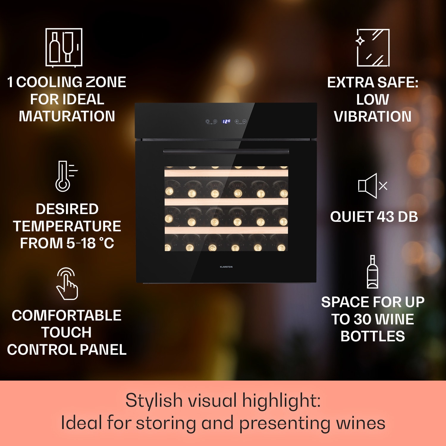 Klarstein Vinsider 30 Built-In Uno, vstavaná vinotéka, 77 l, 30 fliaš, nehrdzavejúca oceľ