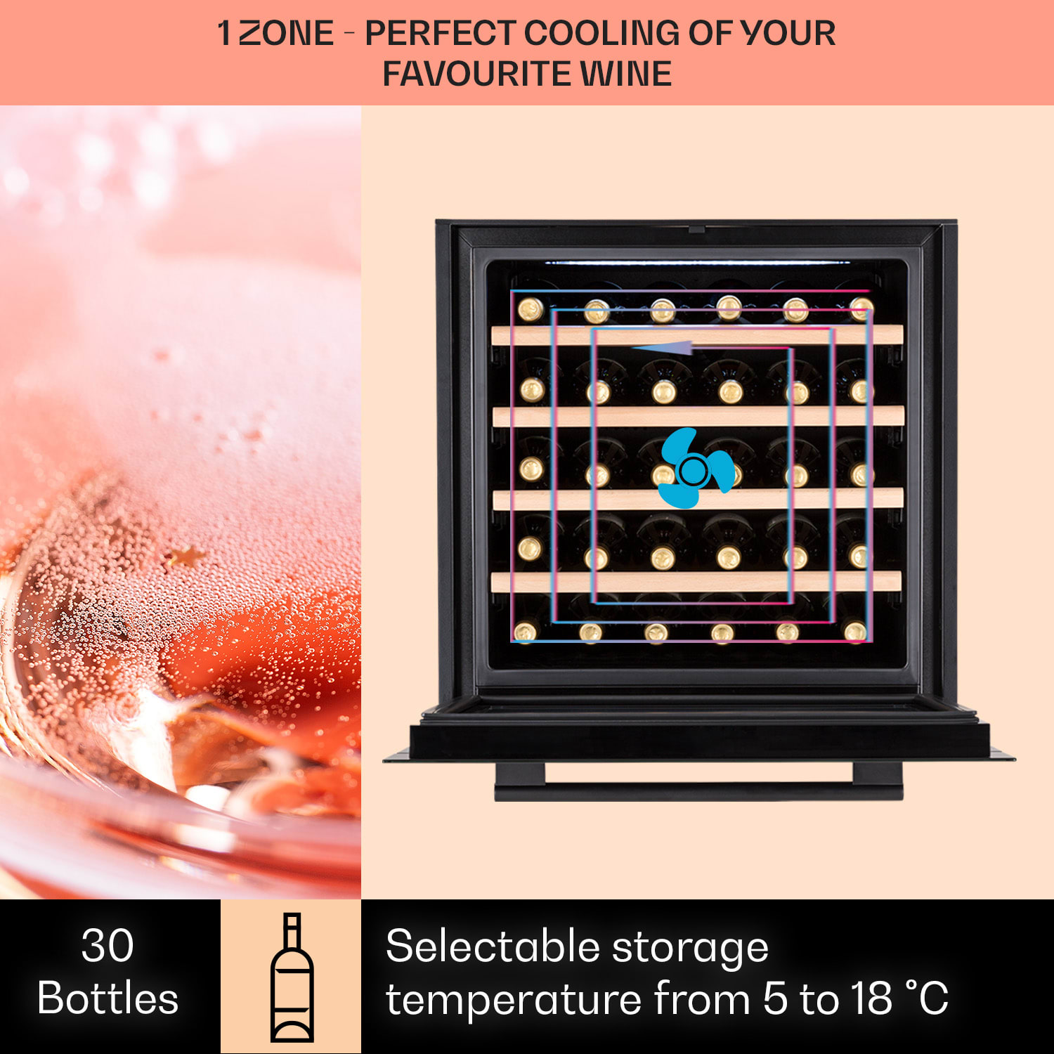 Klarstein Vinsider 30 Built-In Uno, vstavaná vinotéka, 77 l, 30 fliaš, nehrdzavejúca oceľ – Obrázok 2