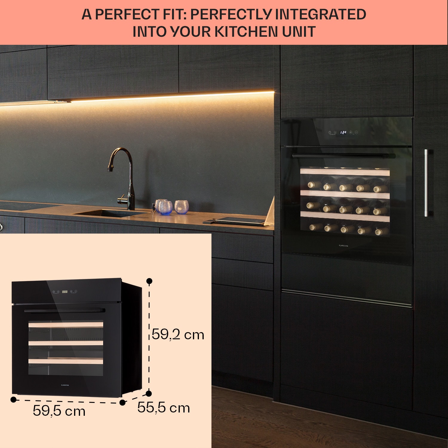 Klarstein Vinsider 30 Built-In Uno, vstavaná vinotéka, 77 l, 30 fliaš, nehrdzavejúca oceľ – Obrázok 5