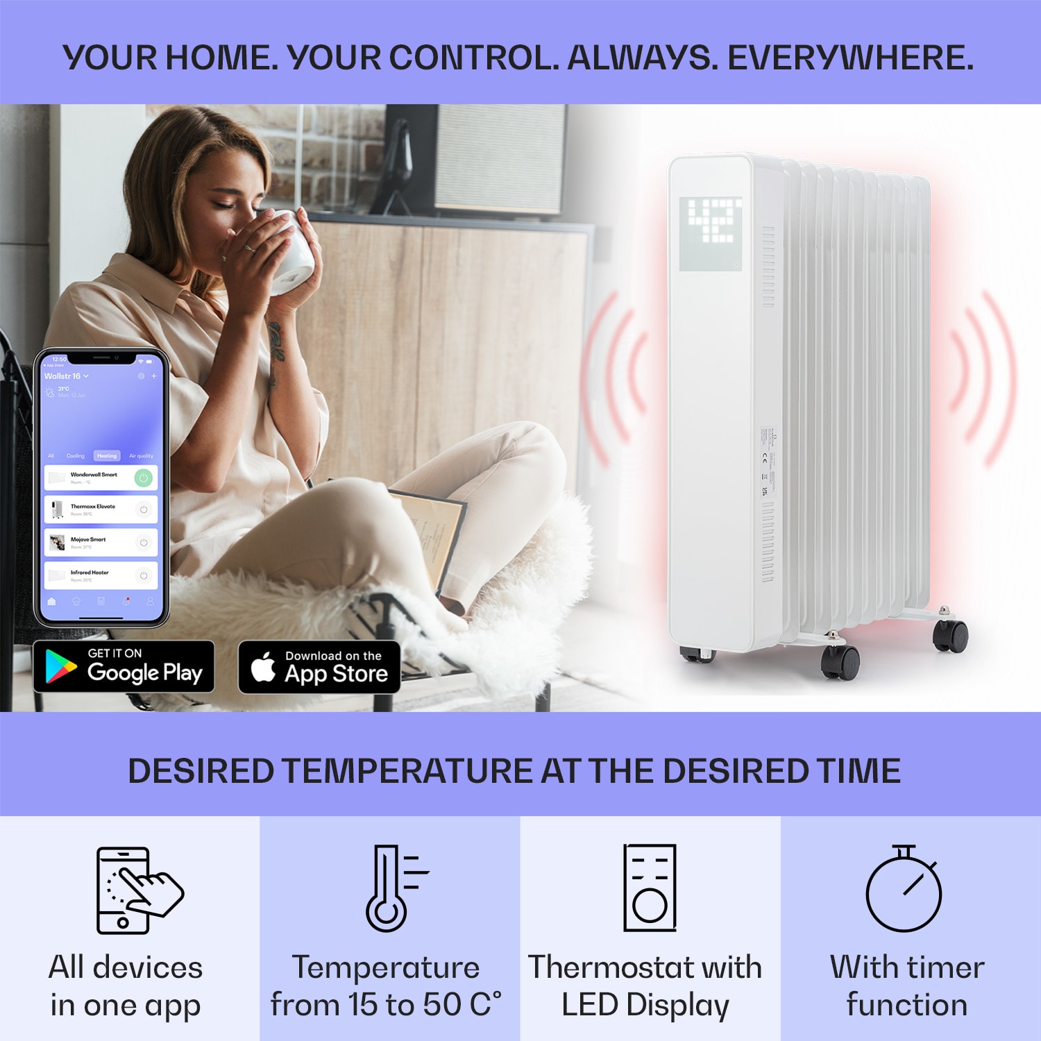 Sanford Smart, olejový radiátor, 2500 W, týždenný časovač, LED displej, dotykový panel, Klarstein aplikácia – Obrázok 2