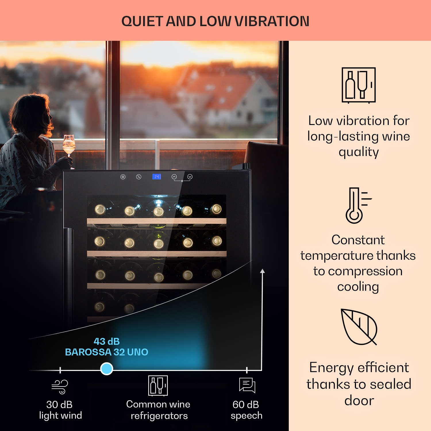Klarstein Barossa 32 Uno, vinotéka, 95 l, 36 fliaš, 1 zóna, dotykový displej – Obrázok 3