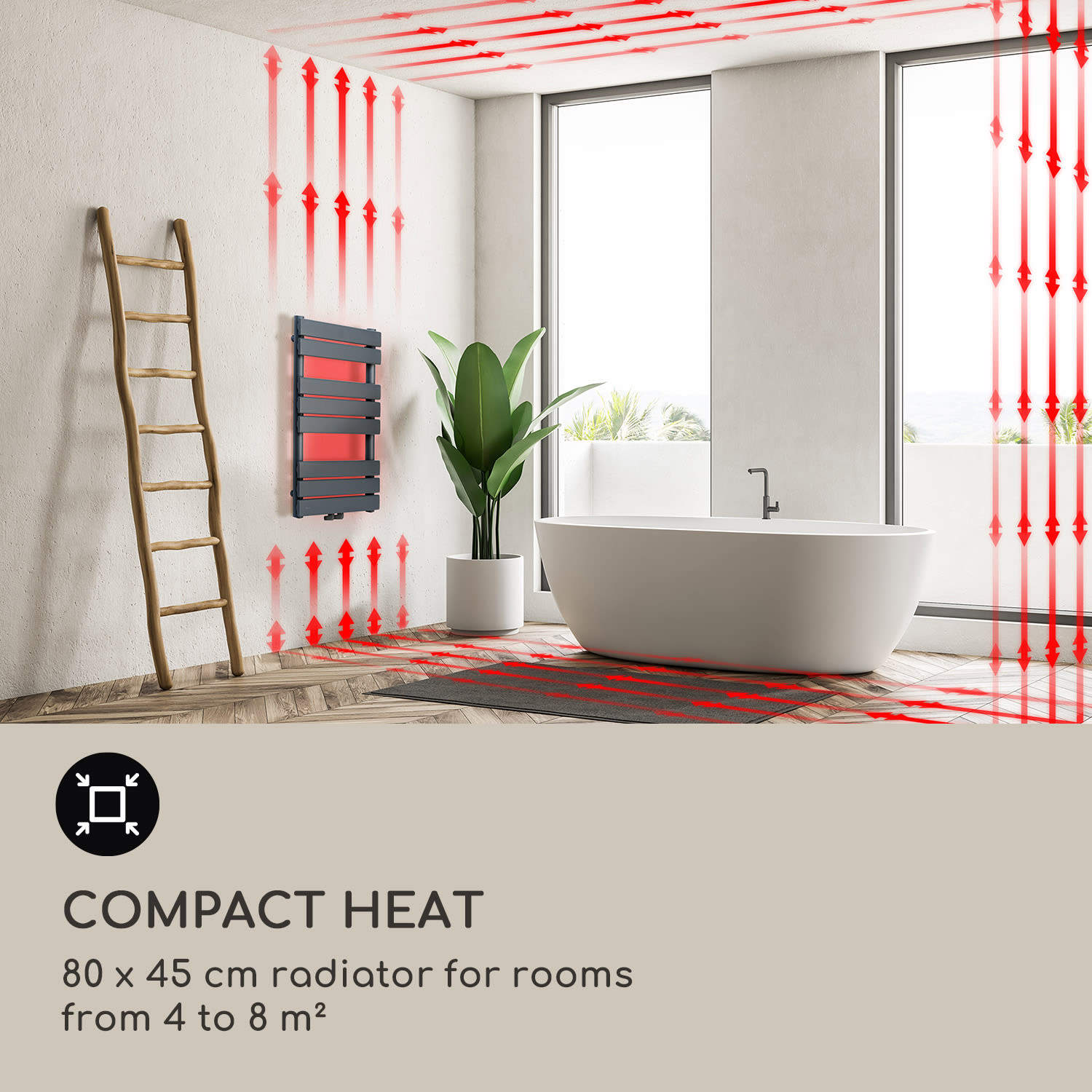 Blumfeldt Fairmont, radiátor, 80 x 45, 375 W, teplá voda, 3 držiaky uterákov, 1/2 – Obrázok 4