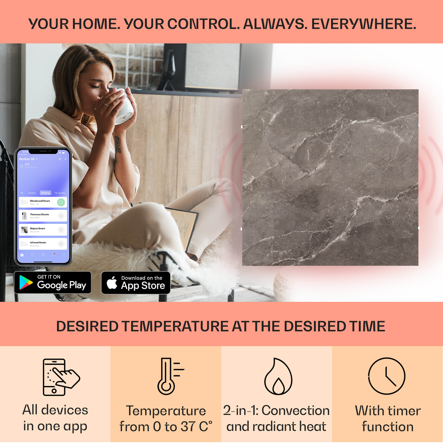 Klarstein Wonderwall Santorini Smart, infračervený ohrievač, 60 x 60 cm, 500 W, týždenný časovač, IP24 – Obrázok 2