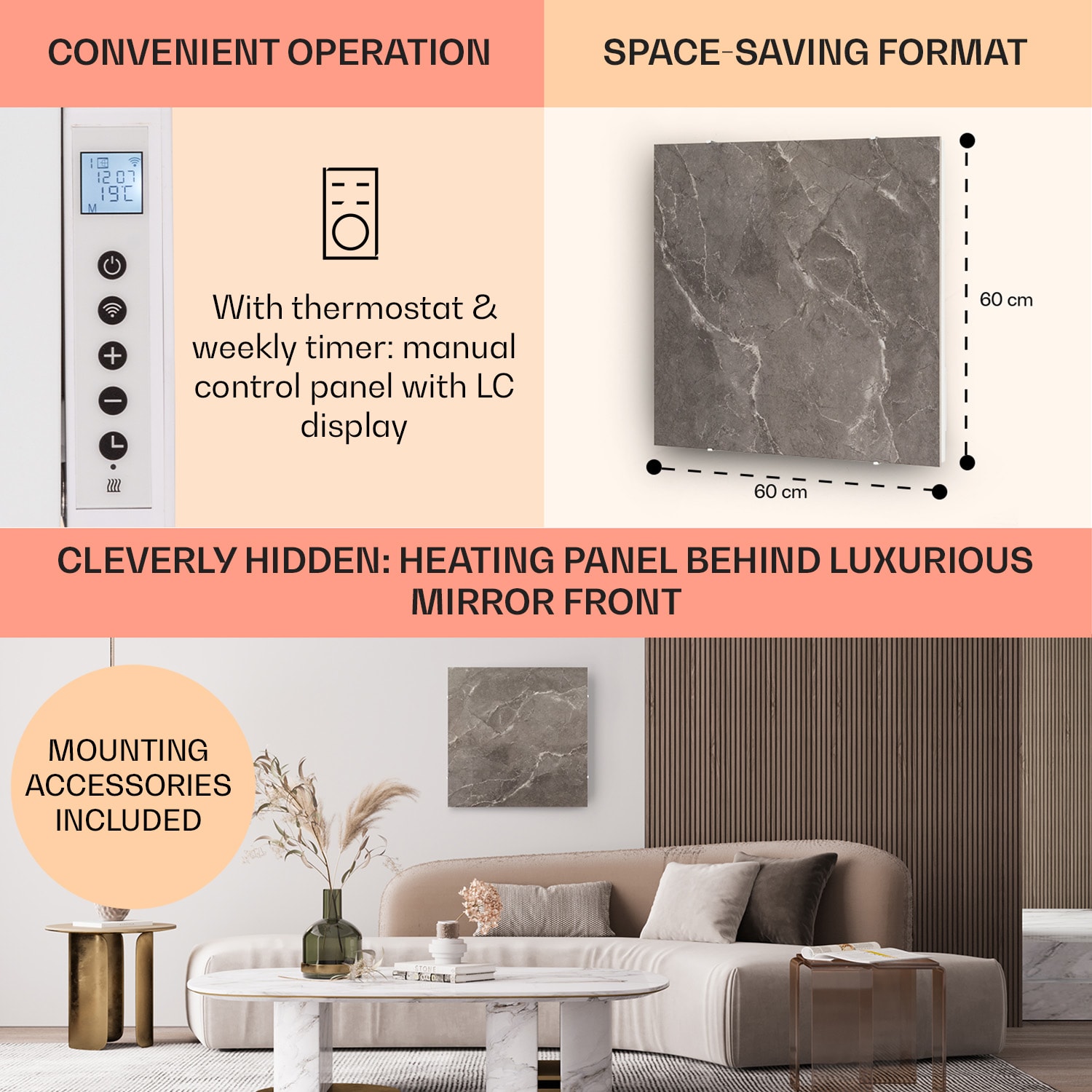 Klarstein Wonderwall Santorini Smart, infračervený ohrievač, 60 x 60 cm, 500 W, týždenný časovač, IP24 – Obrázok 5