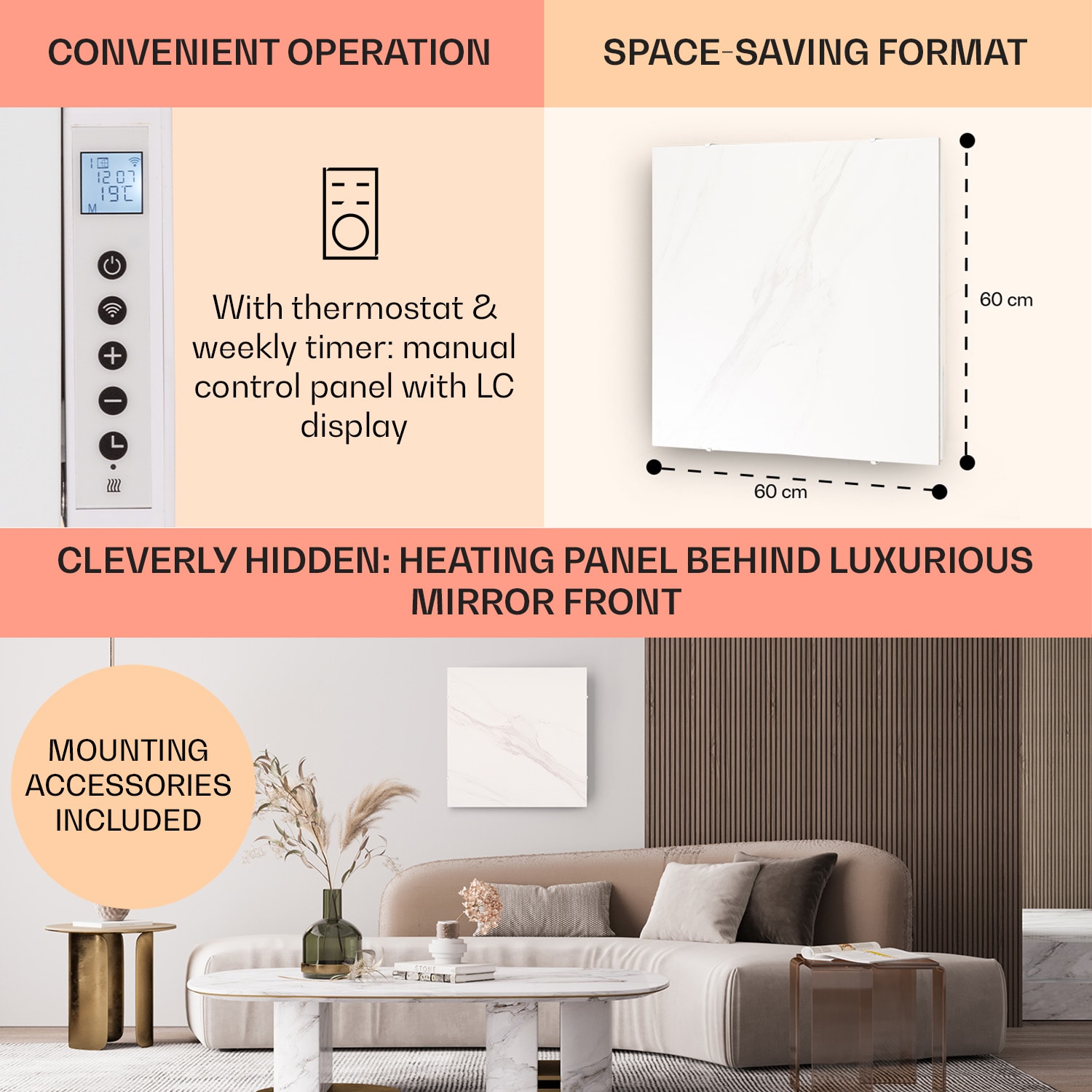 Klarstein Wonderwall Santorini Smart, infračervený ohrievač, 60 x 60 cm, 500 W, týždenný časovač, IP24 – Obrázok 5