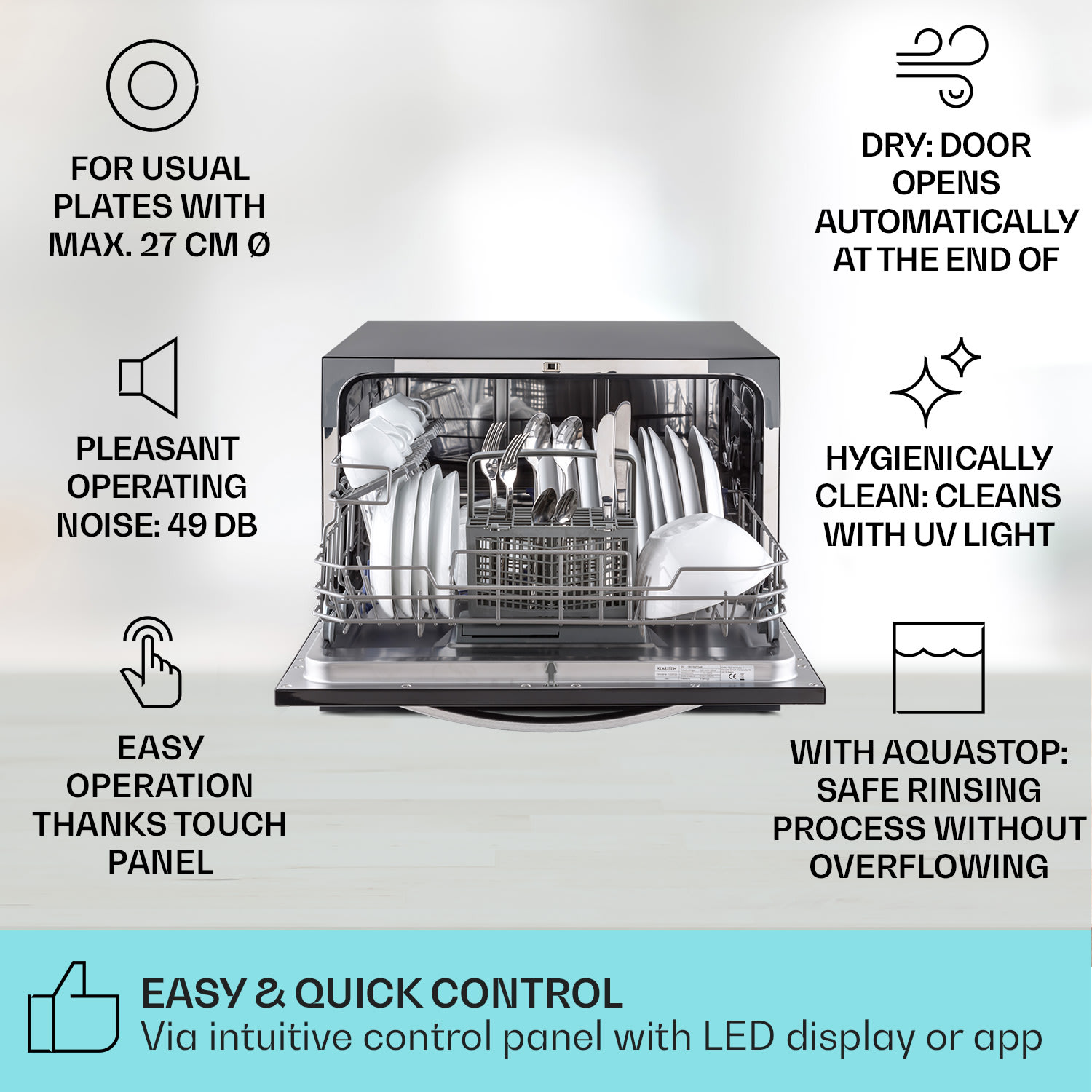 Klarstein Havasia UV 6 Luminance, umývačka riadu, UV svetlo, 1380 W, sklenená predná časť, voľne stojaca