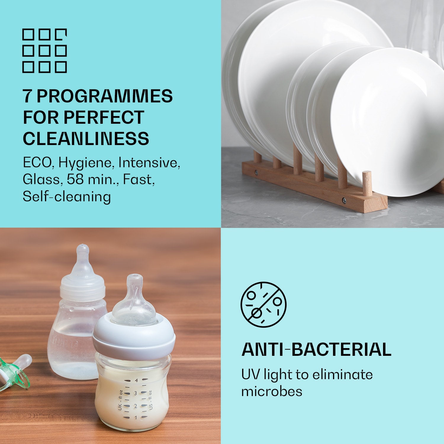 Klarstein Havasia UV 6 Luminance, umývačka riadu, UV svetlo, 1380 W, sklenená predná časť, voľne stojaca – Obrázok 2