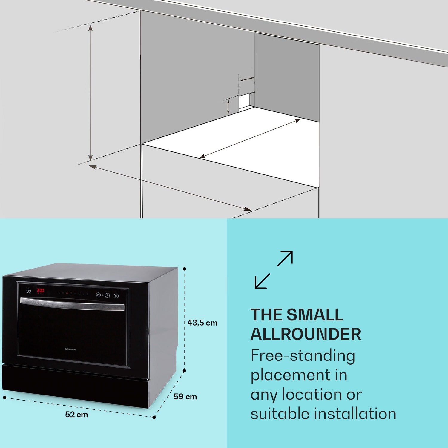 Klarstein Havasia UV 6 Luminance, umývačka riadu, UV svetlo, 1380 W, sklenená predná časť, voľne stojaca – Obrázok 4