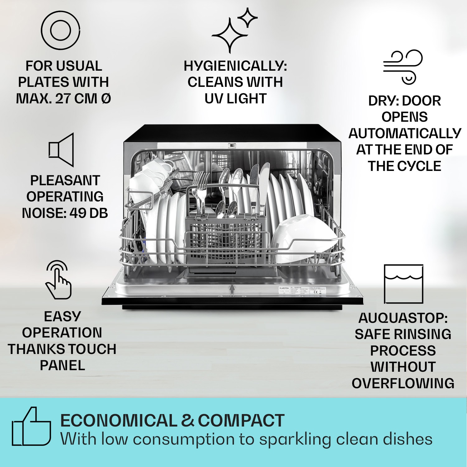 Klarstein Havasia UV 8, umývačka riadu, 1620 W, UV-svetlo, voľne stojaca/na zabudovanie