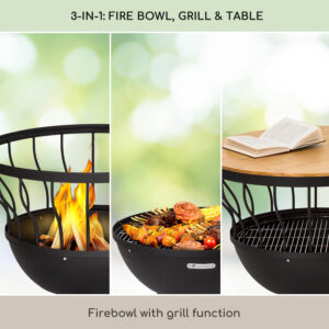 Blumfeldt Nantai, ohnisko s grilom a stolom 3 v 1, Ø 66 cm, grilovací rošt Ø 50 cm, oceľ, bambusová doska