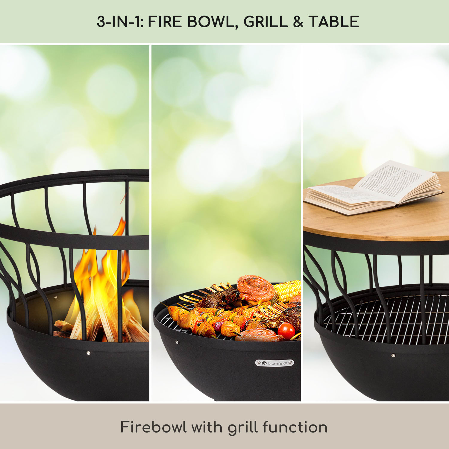 Blumfeldt Nantai, ohnisko s grilom a stolom 3 v 1, Ø 66 cm, grilovací rošt Ø 50 cm, oceľ, bambusová doska
