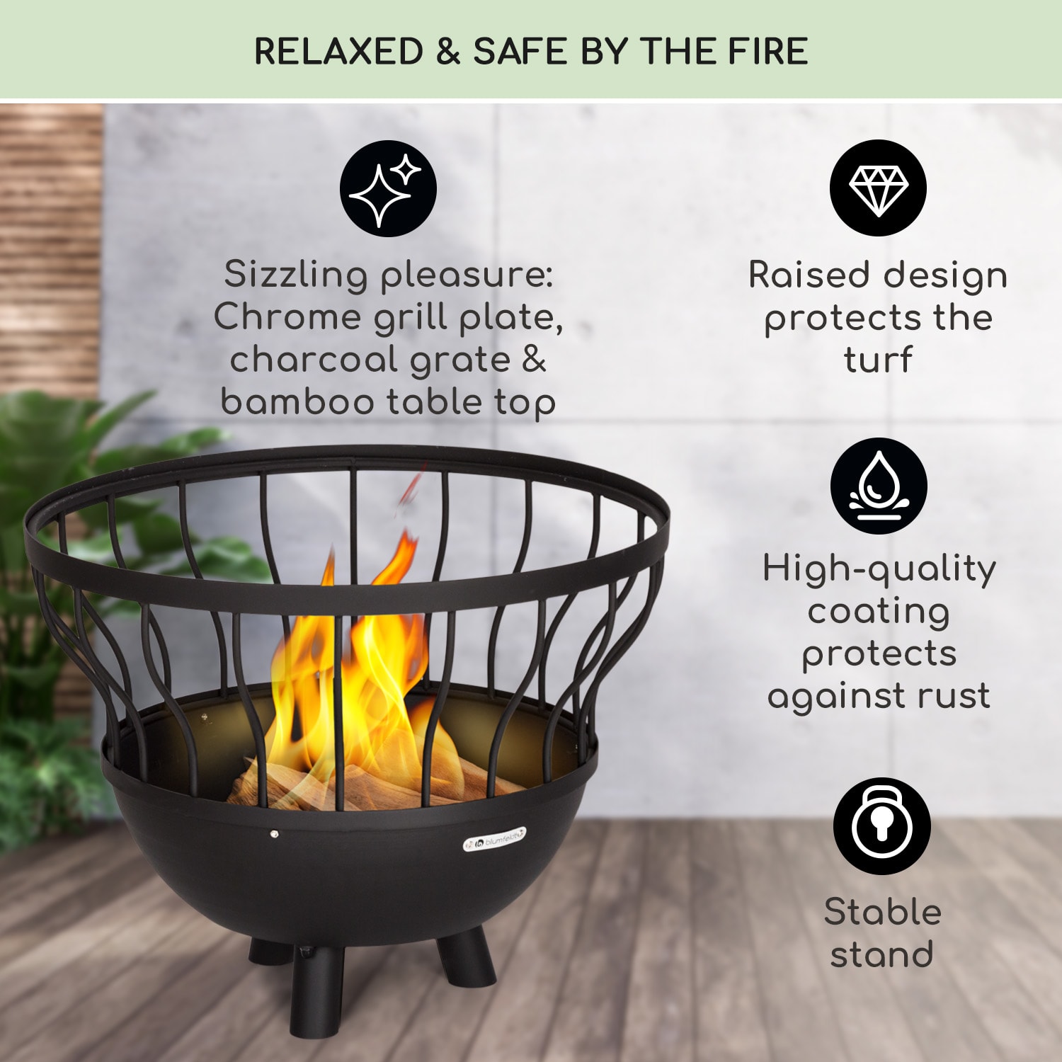 Blumfeldt Nantai, ohnisko s grilom a stolom 3 v 1, Ø 66 cm, grilovací rošt Ø 50 cm, oceľ, bambusová doska – Obrázok 2