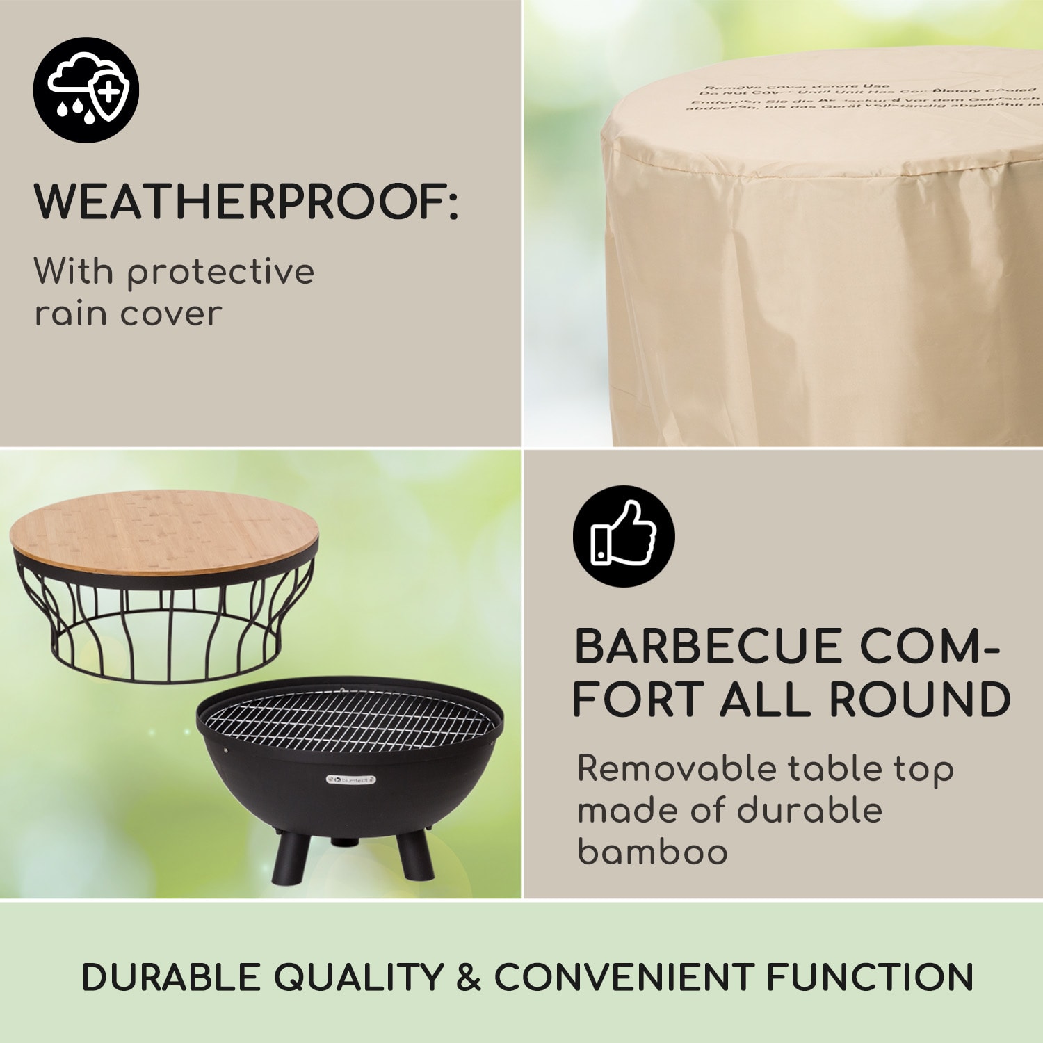 Blumfeldt Nantai, ohnisko s grilom a stolom 3 v 1, Ø 66 cm, grilovací rošt Ø 50 cm, oceľ, bambusová doska – Obrázok 3