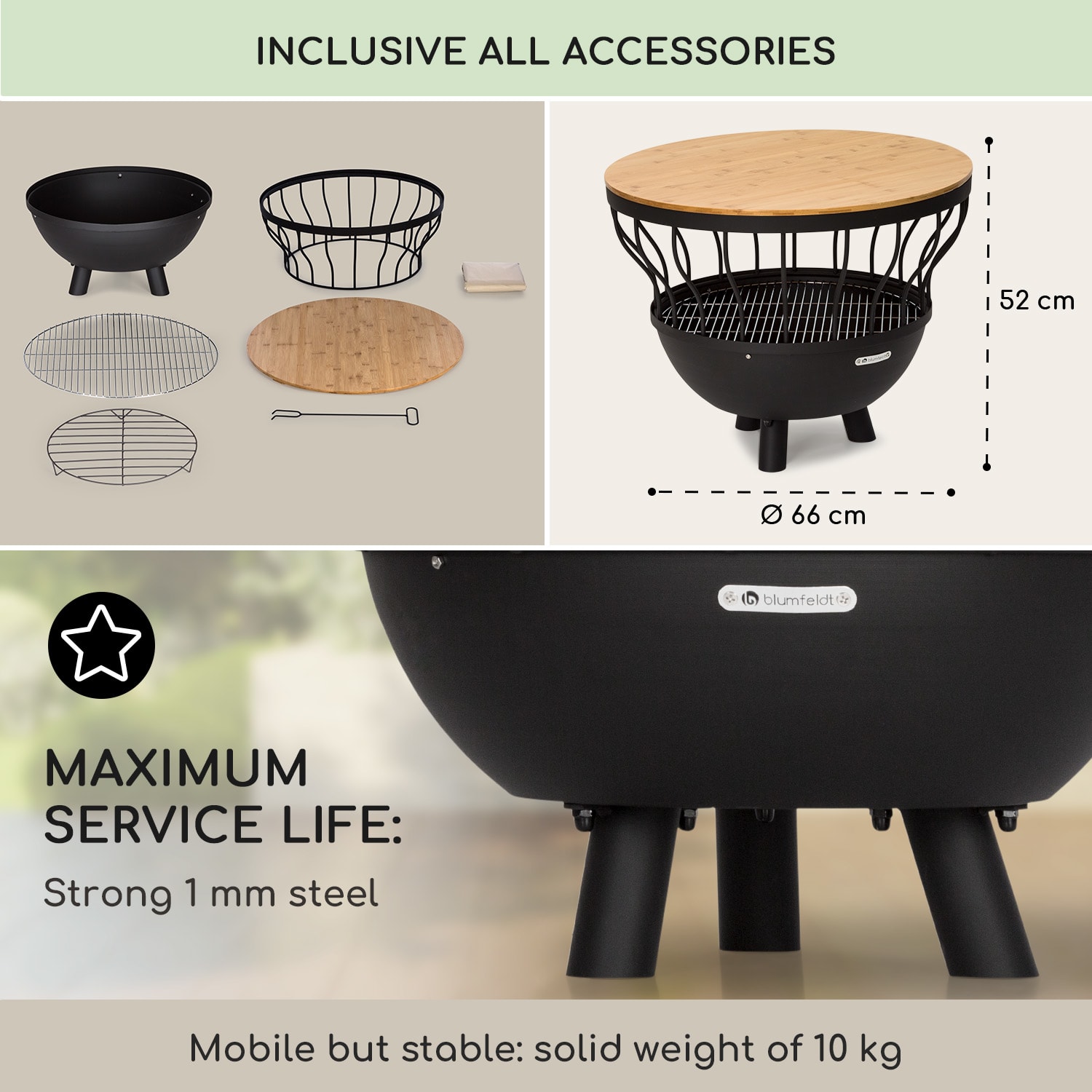 Blumfeldt Nantai, ohnisko s grilom a stolom 3 v 1, Ø 66 cm, grilovací rošt Ø 50 cm, oceľ, bambusová doska – Obrázok 4
