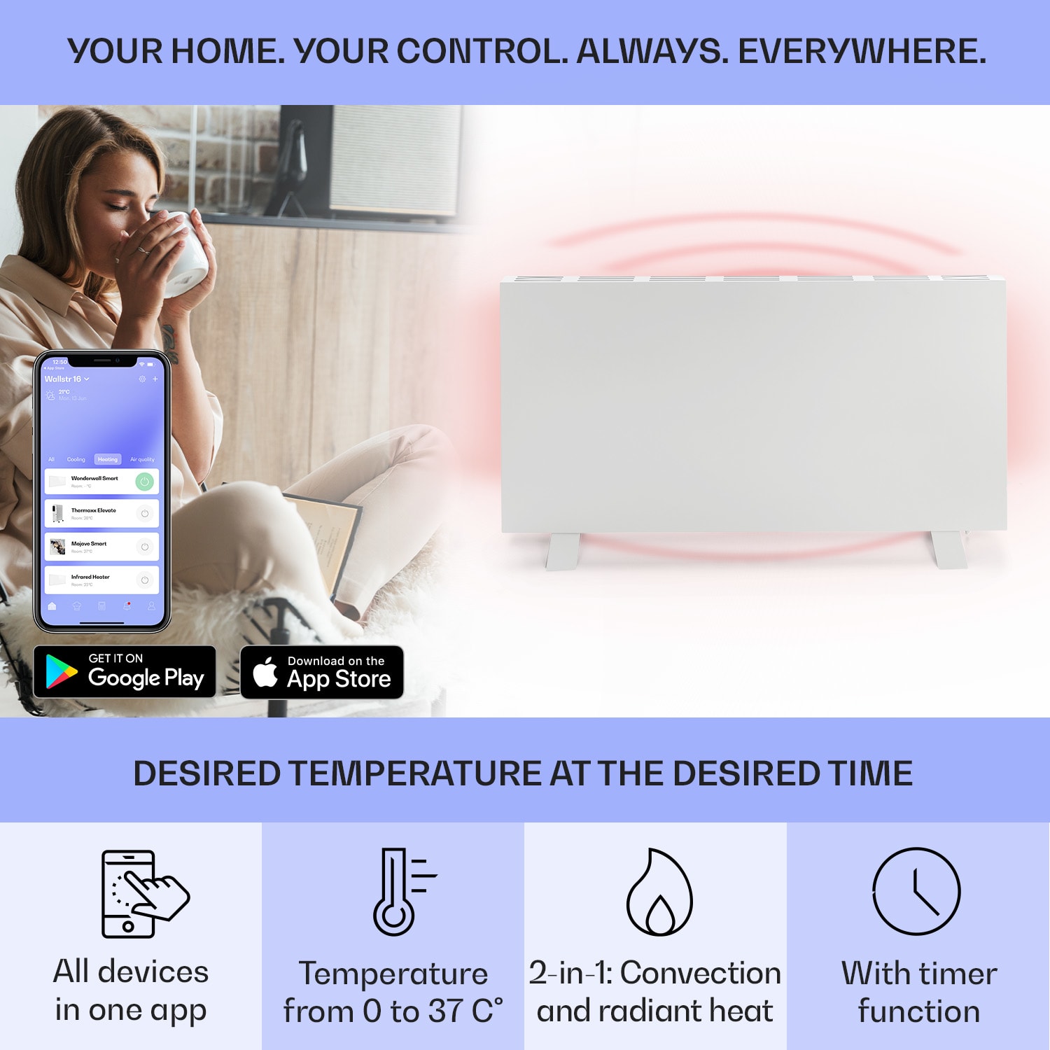 Klarstein Taal Smart, hybridný infračervený ohrievač, 105 x 56 cm, 750 W, týždenný časovač, IP24 – Obrázok 2