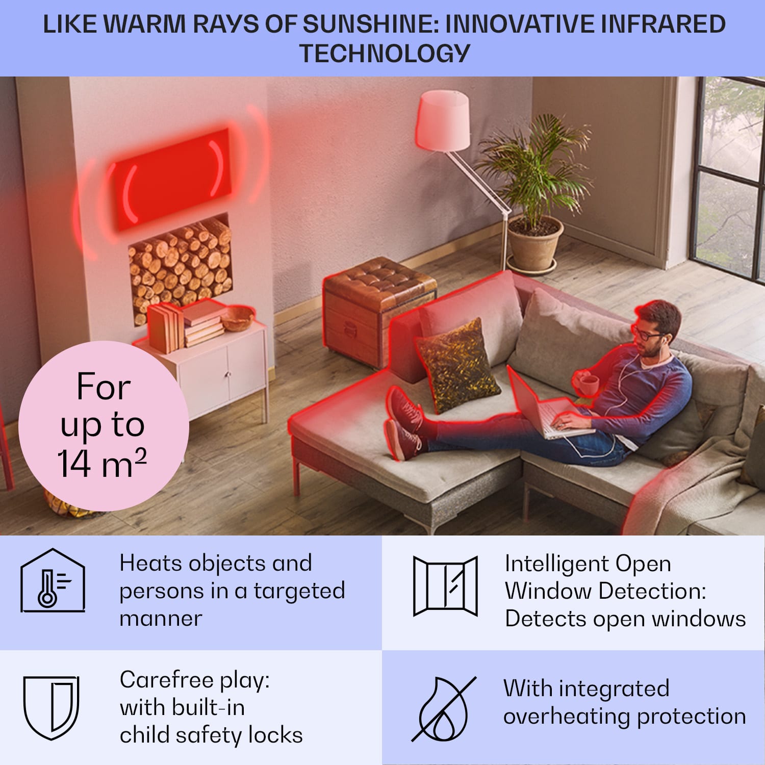 Klarstein Taal Smart, hybridný infračervený ohrievač, 105 x 56 cm, 750 W, týždenný časovač, IP24 – Obrázok 3