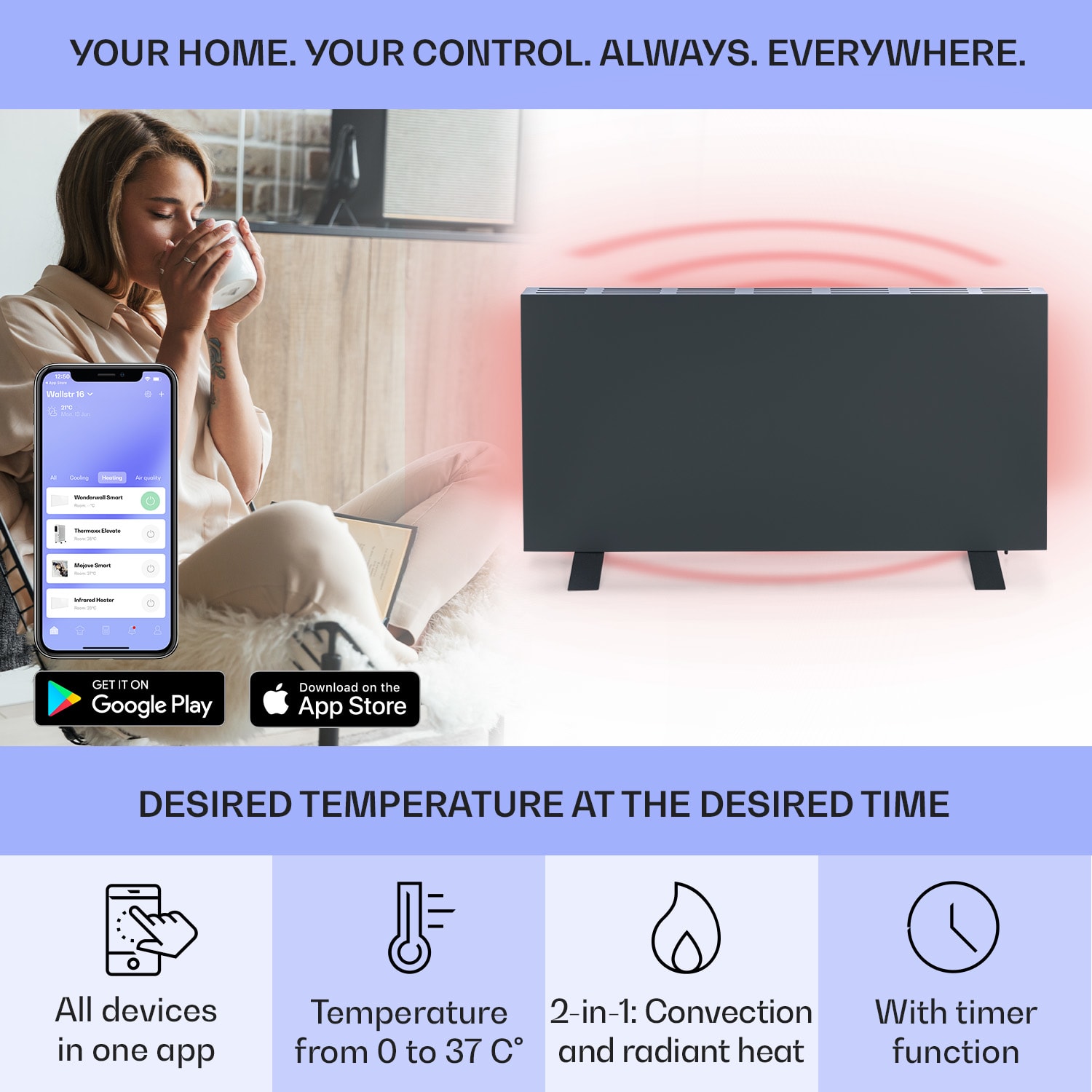 Klarstein Taal Smart, hybridný infračervený ohrievač, 105 x 56 cm, 750 W, týždenný časovač, IP24 – Obrázok 2