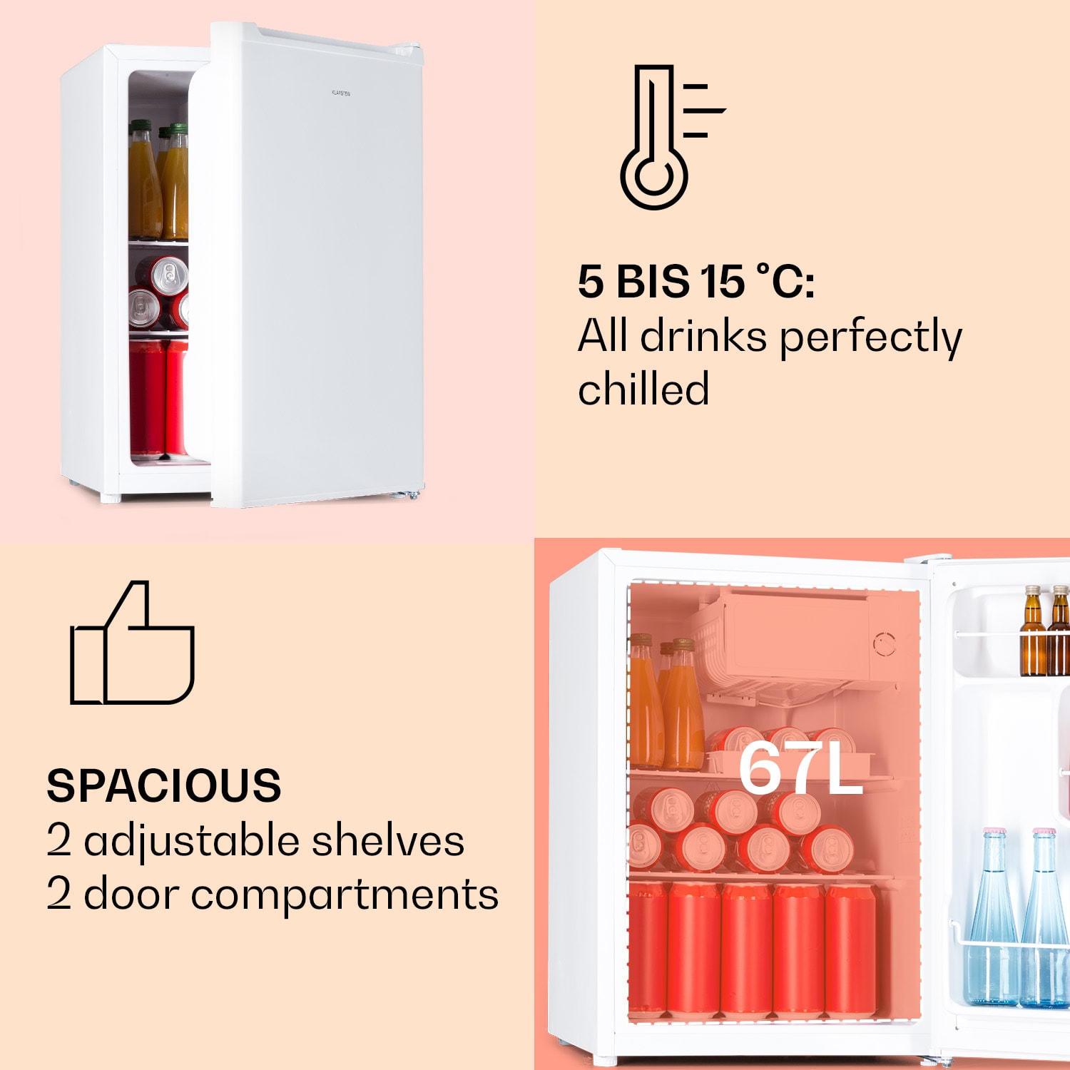 Klarstein Fargo 67, minibar, chladnička 67 l, mraznička 4 l, kompaktná – Obrázok 3