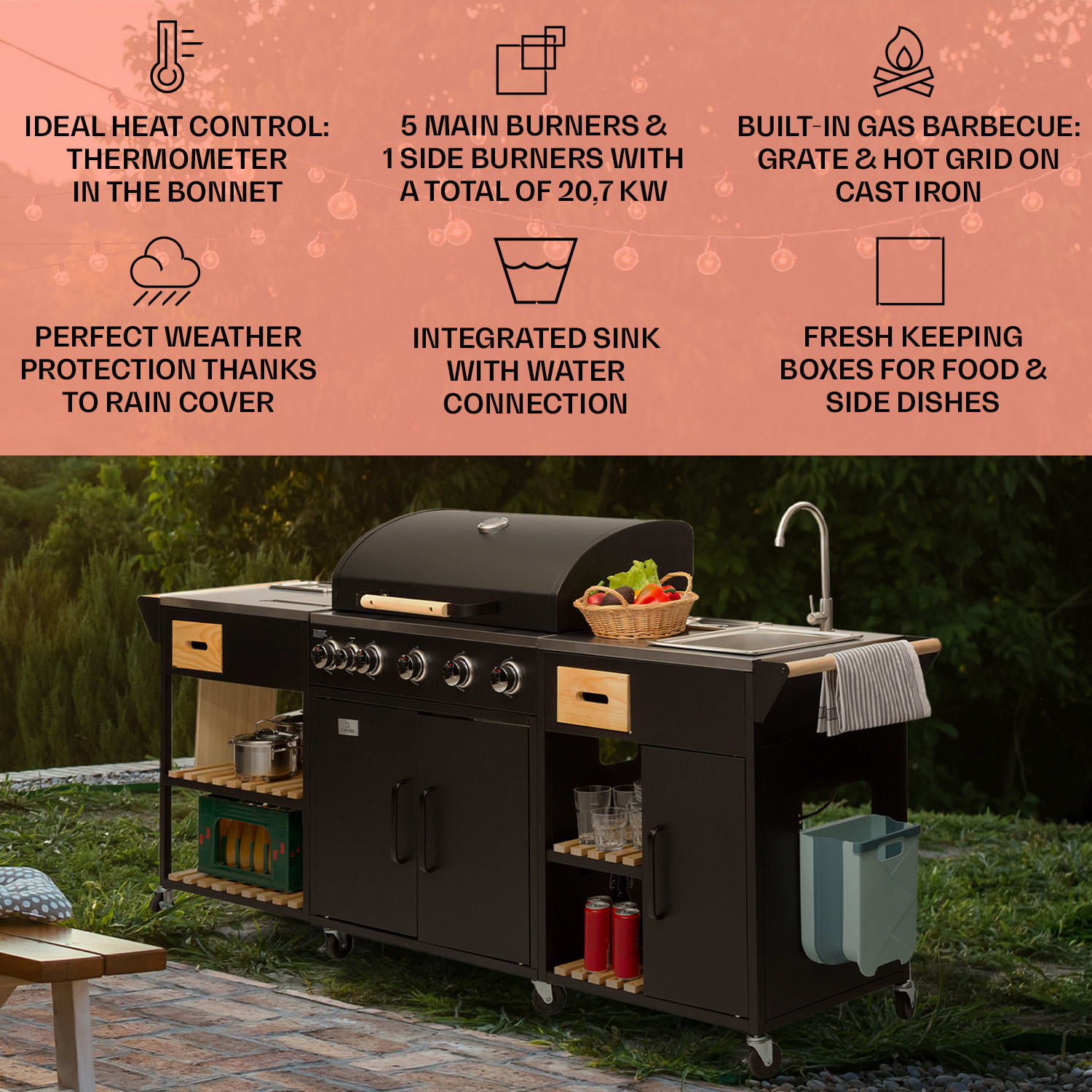 Klarstein Jersey vonkajšia kuchyňa s plynovým grilom a drezom, 20,7 kW, 5+1 horákov, mobilná