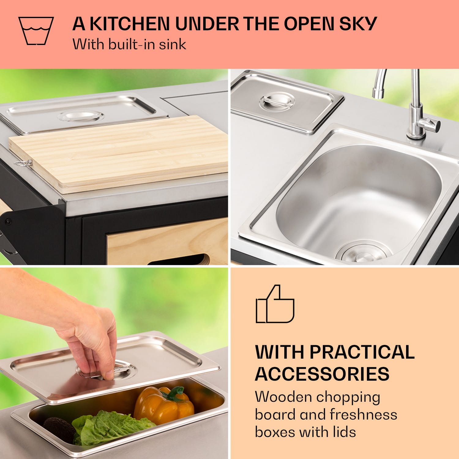 Klarstein Jersey vonkajšia kuchyňa s plynovým grilom a drezom, 20,7 kW, 5+1 horákov, mobilná – Obrázok 3