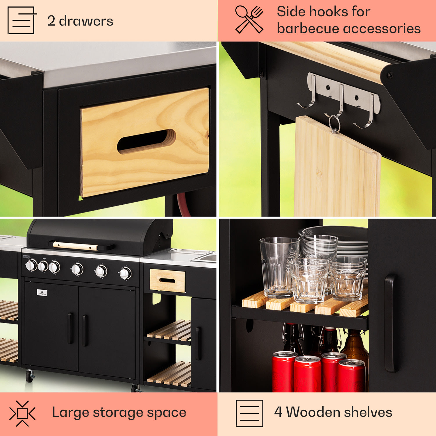 Klarstein Jersey vonkajšia kuchyňa s plynovým grilom a drezom, 20,7 kW, 5+1 horákov, mobilná – Obrázok 4