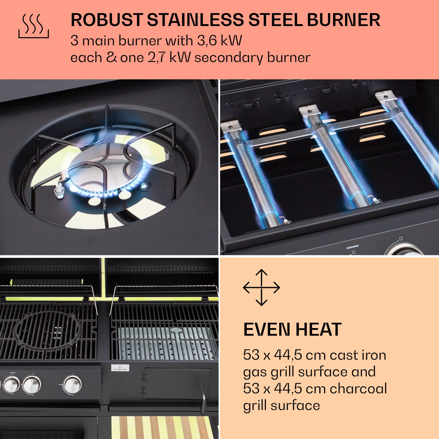 Klarstein Aberdeen, kombinovaný gril, plyn, drevené uhlie, údiareň, teplomer, 2 bočné stolíky, mobilný – Obrázok 3