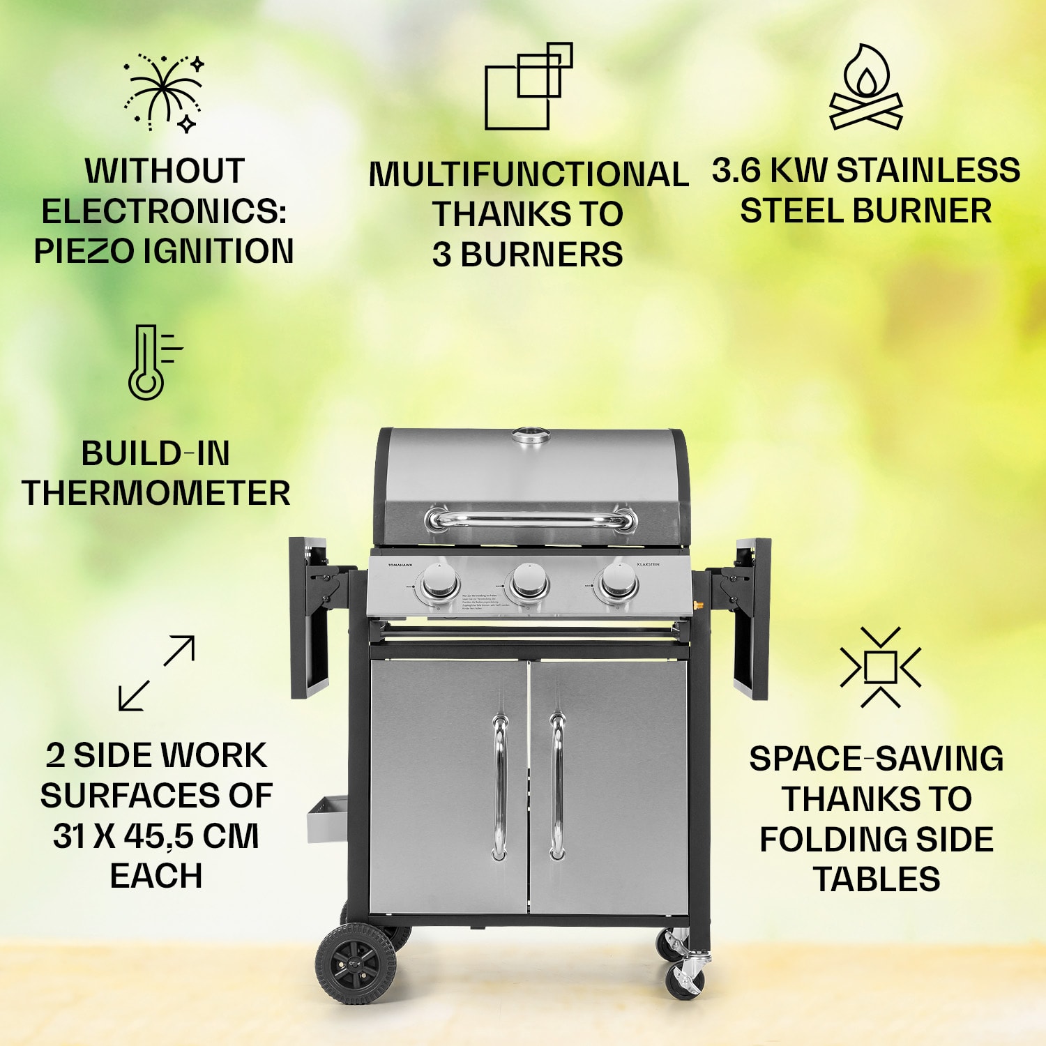 Klarstein Tomahawk, plynový gril, 3 x 3,6 kW horák, 60 x 43,5 cm, gril z nehrdzavejúcej ocele