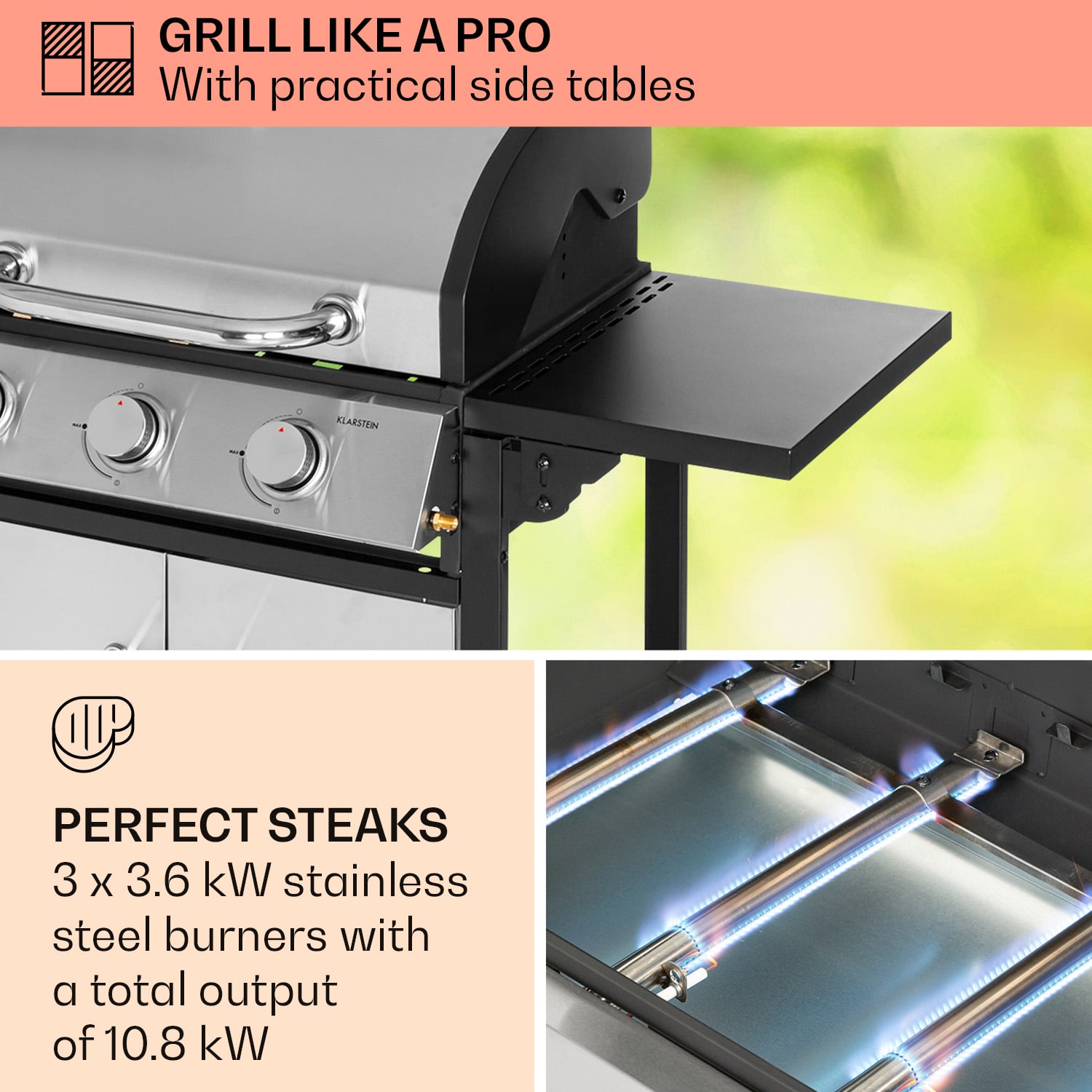 Klarstein Tomahawk, plynový gril, 3 x 3,6 kW horák, 60 x 43,5 cm, gril z nehrdzavejúcej ocele – Obrázok 2