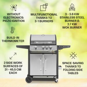 Klarstein Tomahawk 3.1 S, plynový gril, 3x3,6kW horák + 2,7 kW bočný horák, 60x45cm, gril, nehrdzavejúca oceľ