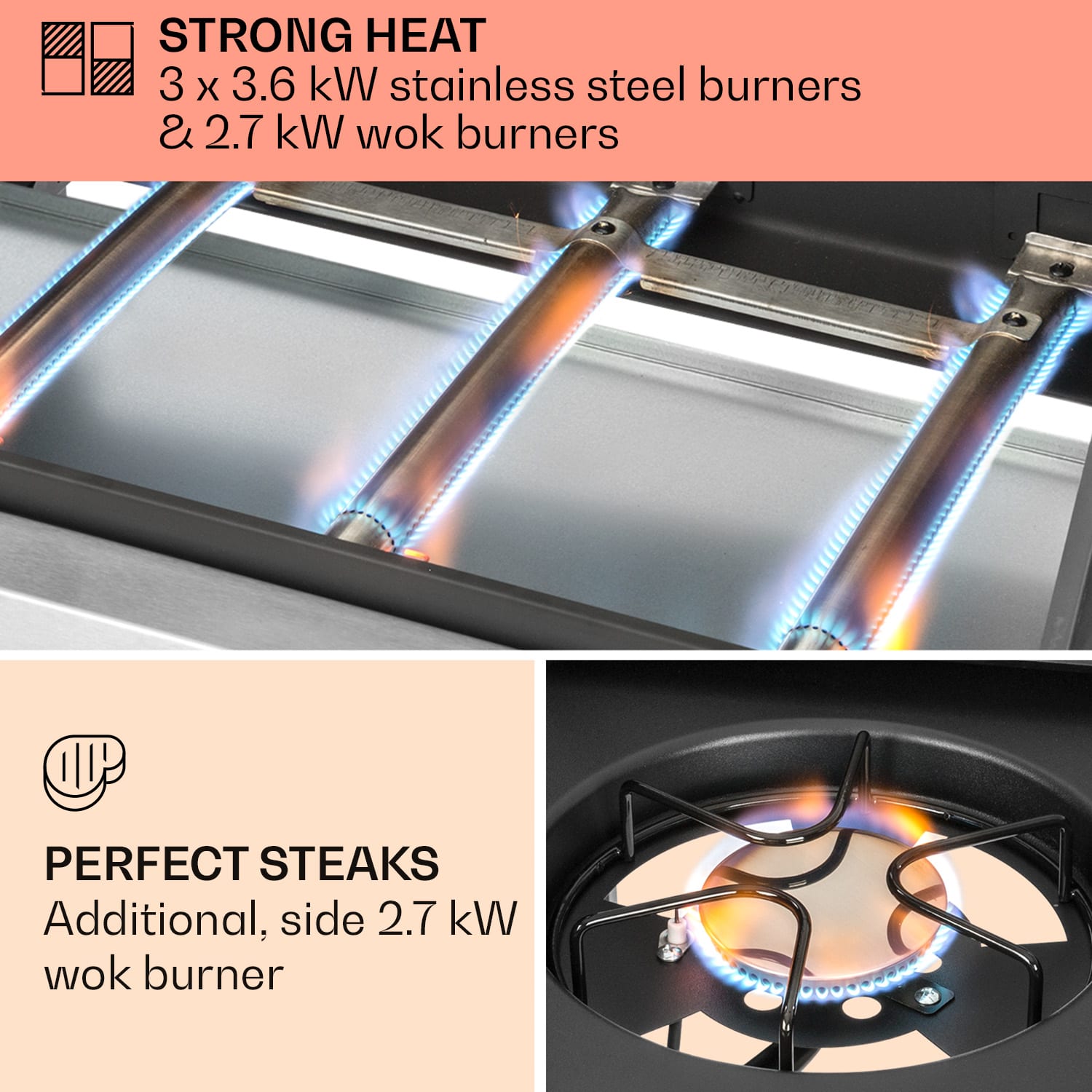 Klarstein Tomahawk 3.1 S, plynový gril, 3x3,6kW horák + 2,7 kW bočný horák, 60x45cm, gril, nehrdzavejúca oceľ – Obrázok 2