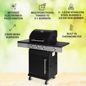 Klarstein Valdosta 3.1, plynový gril, 3 x 2,8 kW + 2,5 kW horák. nehrdzavejúca oceľ, mobilný