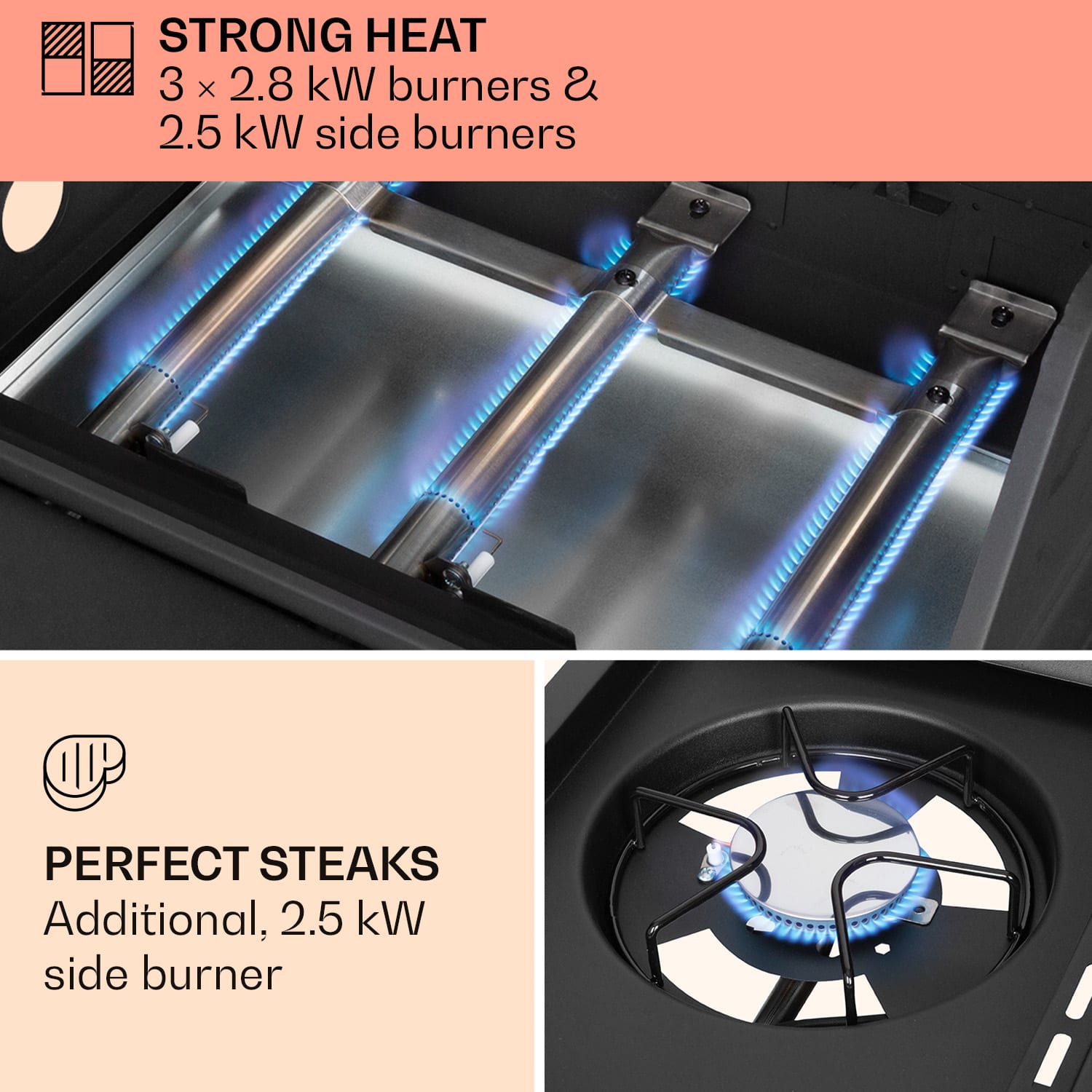 Klarstein Valdosta 3.1, plynový gril, 3 x 2,8 kW + 2,5 kW horák. nehrdzavejúca oceľ, mobilný – Obrázok 2