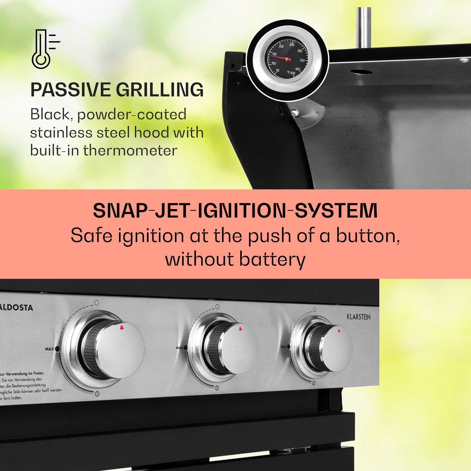 Klarstein Valdosta 3.1, plynový gril, 3 x 2,8 kW + 2,5 kW horák. nehrdzavejúca oceľ, mobilný – Obrázok 3