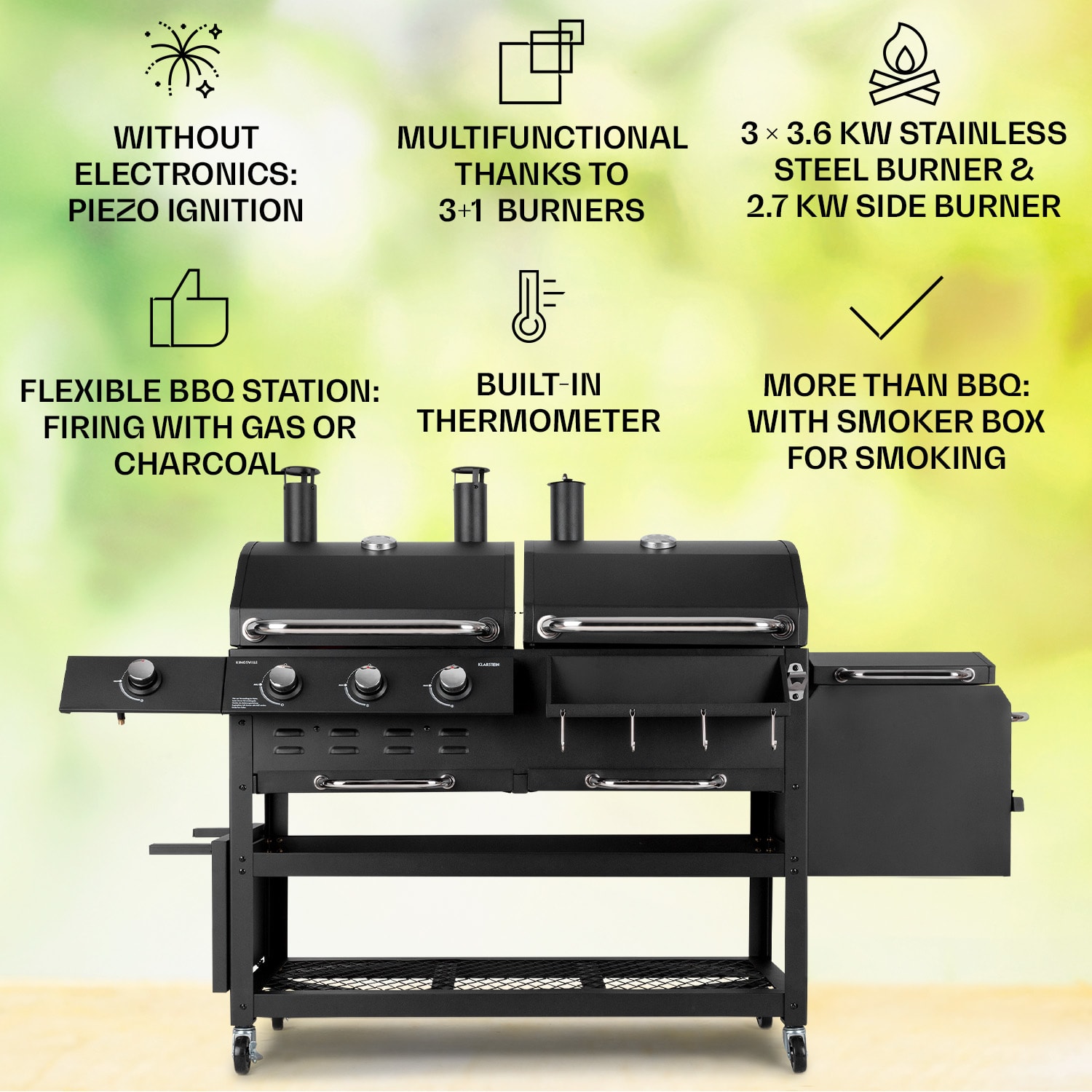 Klarstein Kingsville Smoker, kombinovaný gril, plyn, uhlie, udiarenská pec na uhlie, 13,5 kW, 3+1 horáky, čierna