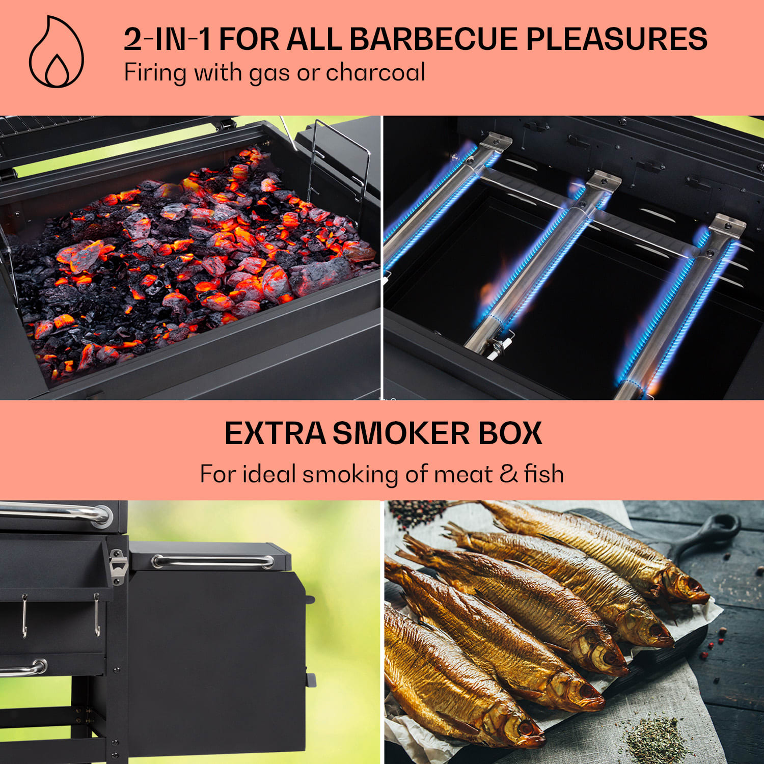 Klarstein Kingsville Smoker, kombinovaný gril, plyn, uhlie, udiarenská pec na uhlie, 13,5 kW, 3+1 horáky, čierna – Obrázok 2