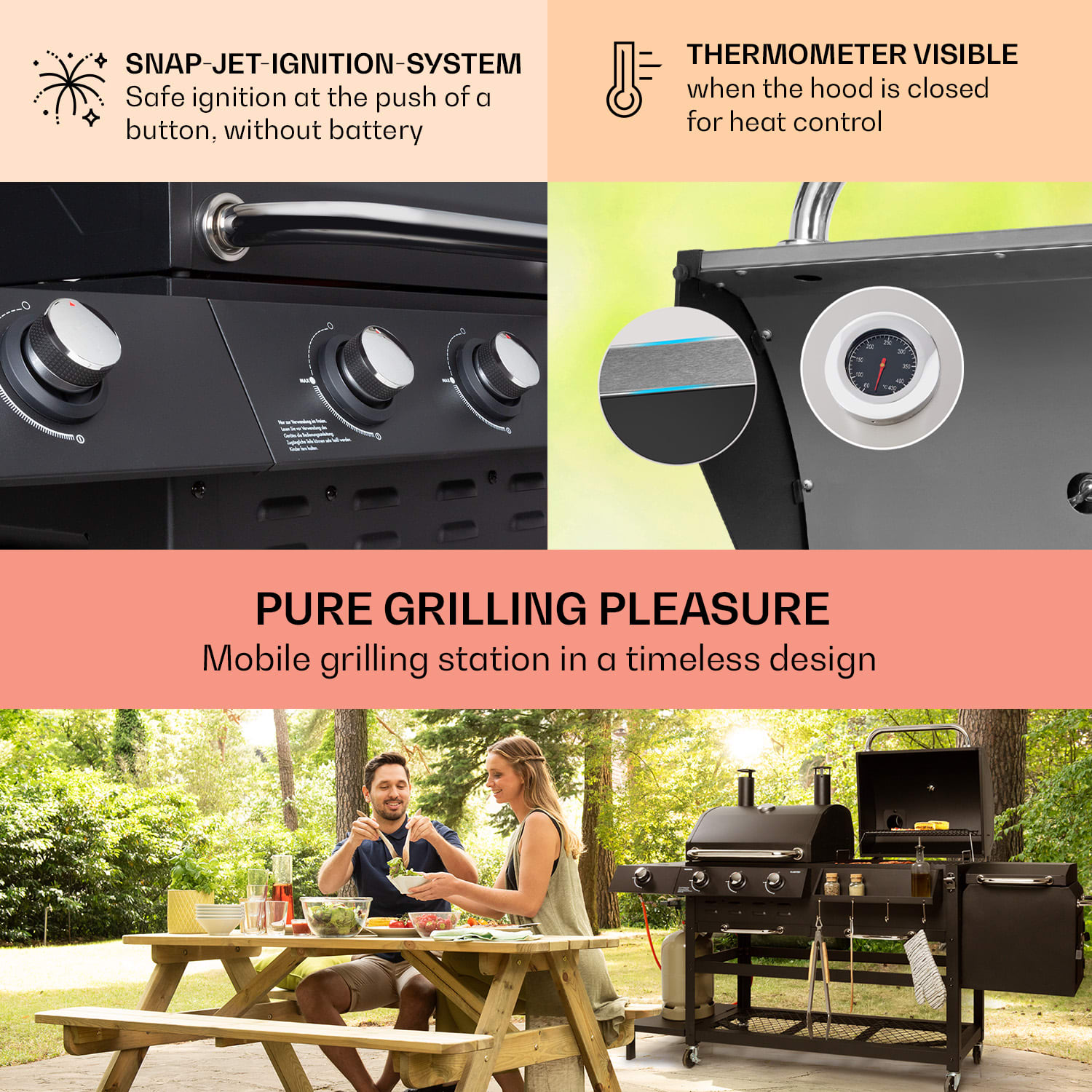 Klarstein Kingsville Smoker, kombinovaný gril, plyn, uhlie, udiarenská pec na uhlie, 13,5 kW, 3+1 horáky, čierna – Obrázok 3