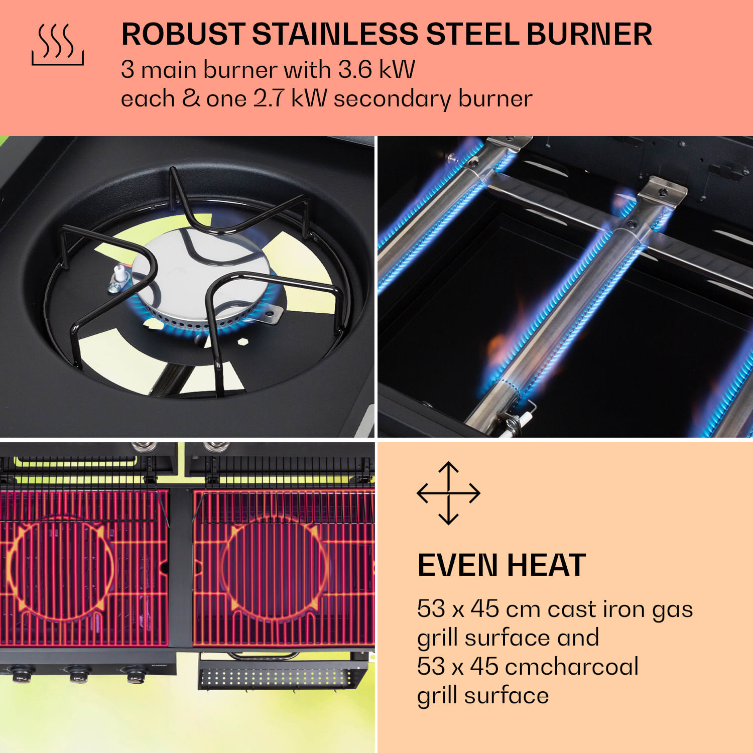 Klarstein Kingsville Smoker, kombinovaný gril, plyn, uhlie, udiarenská pec na uhlie, 13,5 kW, 3+1 horáky, čierna – Obrázok 4